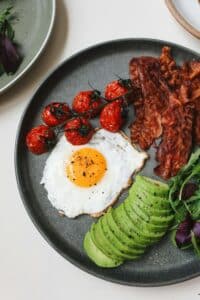 A delicious keto breakfast featuring fried egg, bacon, avocado, and tomatoes on a plate.