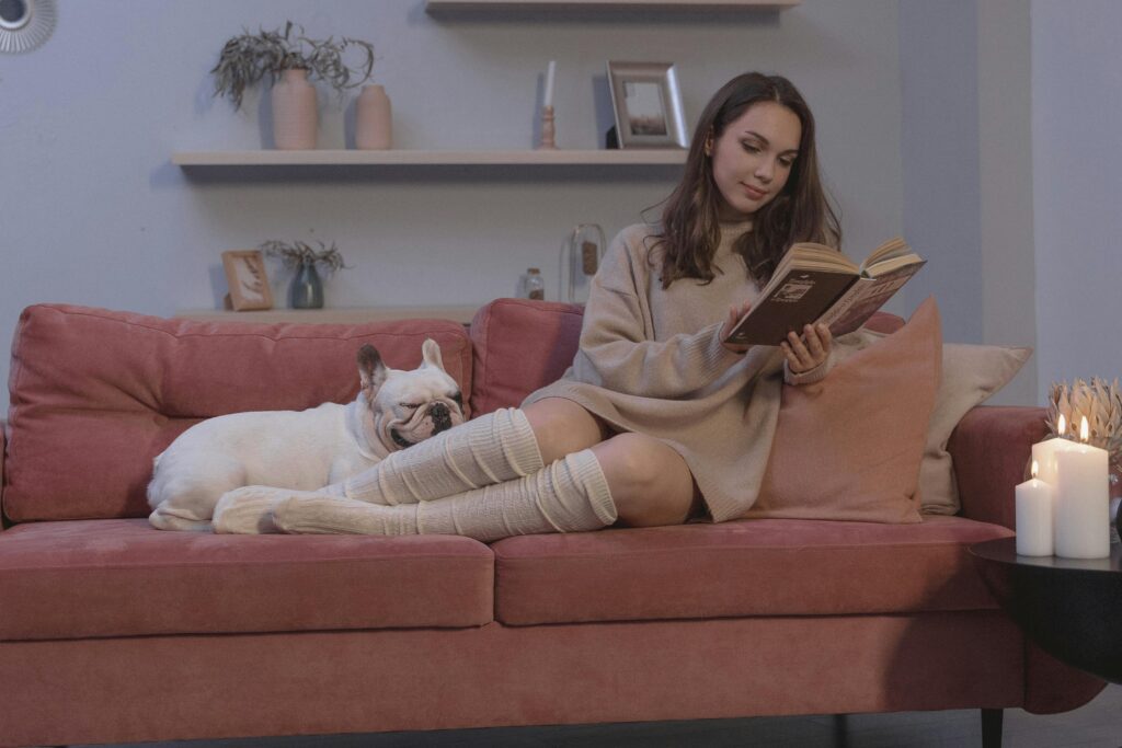 Woman reading on a sofa with a French bulldog. Perfect cozy indoor setting.